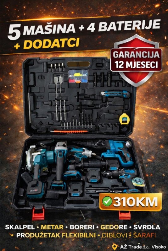 Aku set 5 mašina + 4 baterije + dodaci