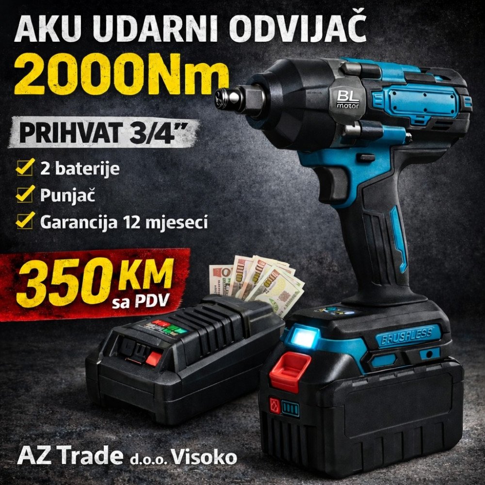 Aku udarni odvijač 2000Nm, prihavt 3/4, teretni program