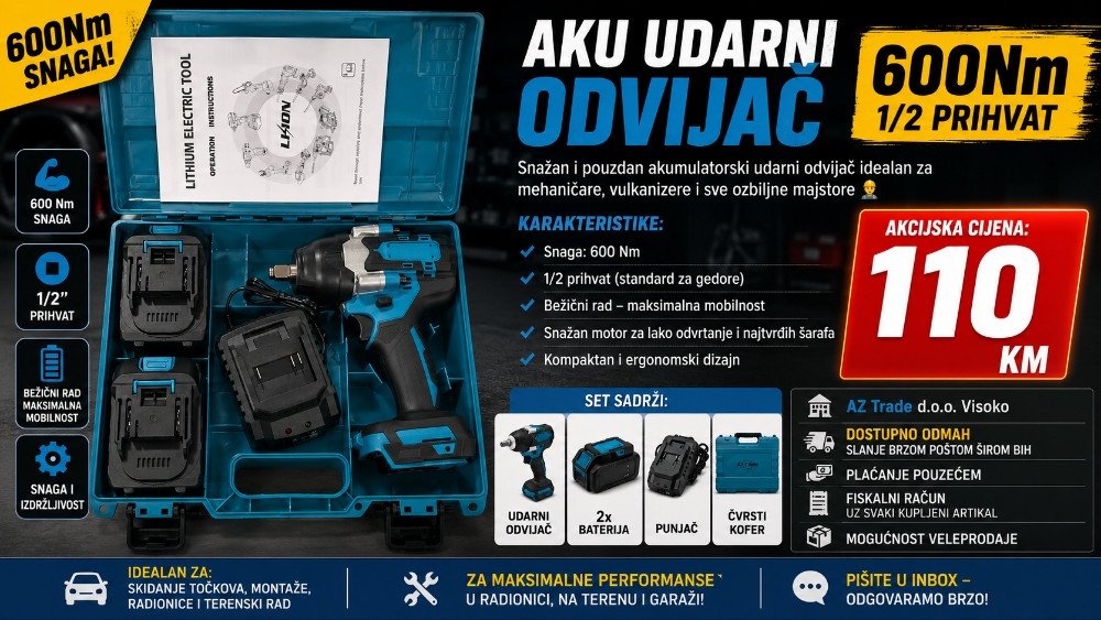 Aku udarni odvijač 600Nm, 1/2 prihvat