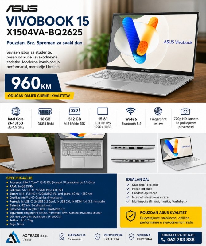 ASUS VivoBook Laptop 15.6", Intel i3-1315U, 16GB DDR4, SSD 512GB