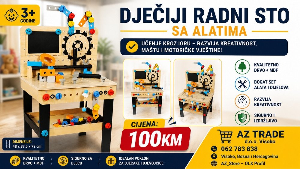 Dječiji radni sto sa alatima Drveni set za male majstore!