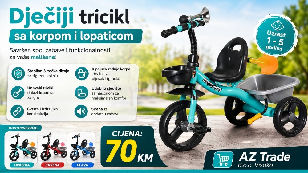 Dječiji tricikl sa korpom i lopatom