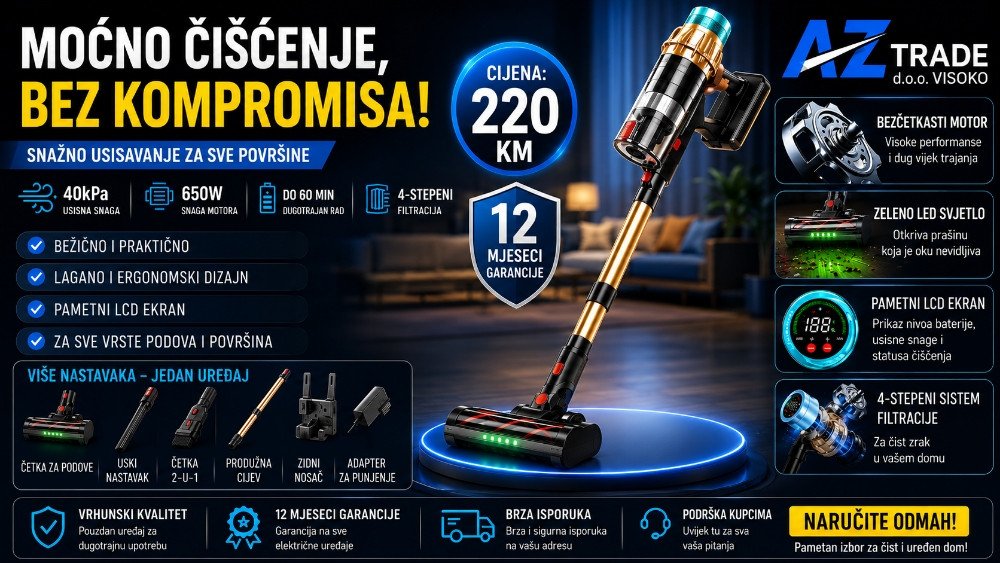 Štapni usisivač V10 MAX Snaga 650W koja čisti bez kompromisa