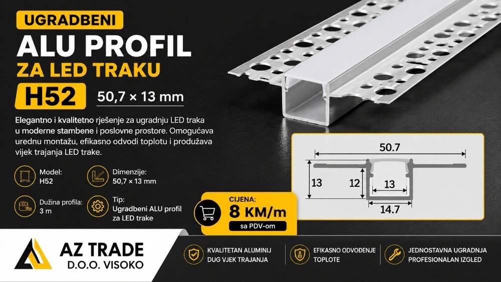 Ugradbeni ALU profil za LED traku H52