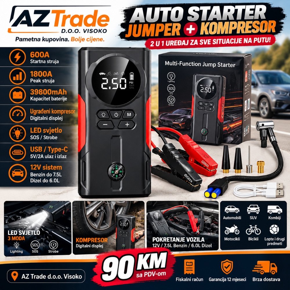 AUTO STARTER JUMPER i KOMPRESOR 2-u-1 uređaj za hitne situacije